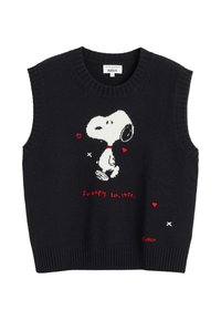 Zwarte mouwloze trui met een gebreid Snoopy-ontwerp in het wit met rode accenten, inclusief harten en de tekst "Snoopy est. 1950."
