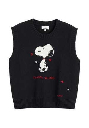 Schwarzer ärmelloser Pullover mit einem gestrickten Snoopy-Design in Weiß mit roten Akzenten, einschließlich Herzen und dem Text "Snoopy est. 1950."