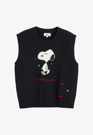 Maglione senza maniche nero con un design lavorato a maglia di Snoopy in bianco con dettagli rossi, inclusi cuori e il testo "Snoopy est. 1950."