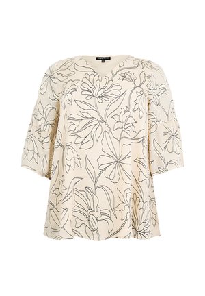 Crèmekleurige blouse met zwarte florale lijntekeningen, V-hals en ellebooglange pofmouwen met geplooide naden.