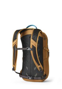 Backpack with a brown exterior, black mesh back, adjustable gray straps, and a blue top handle; features ventilation holes for breathability.