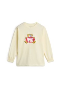 Camiseta de manga larga amarilla hecha de algodón, con un gráfico de un oso sosteniendo un logo ovalado rojo con "VANS" en letras blancas.