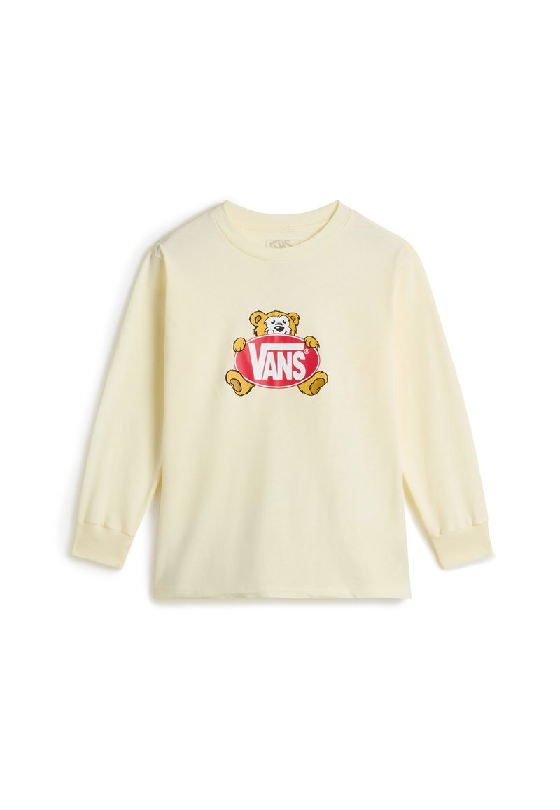Camiseta de manga larga amarilla hecha de algodón, con un gráfico de un oso sosteniendo un logo ovalado rojo con "VANS" en letras blancas.