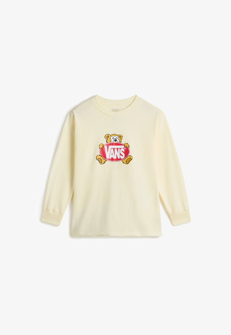 T-shirt à manches longues jaune en coton, orné d'un graphique d'un ours tenant un logo ovale rouge avec "VANS" en lettres blanches.