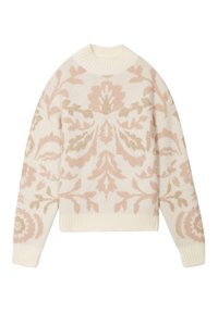 Pull en tricot crème avec un motif floral en rose tendre et des accents dorés. Il possède un col rond et des poignets et un ourlet côtelés.