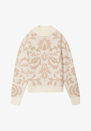 Pull en tricot crème avec un motif floral en rose tendre et des accents dorés. Il possède un col rond et des poignets et un ourlet côtelés.