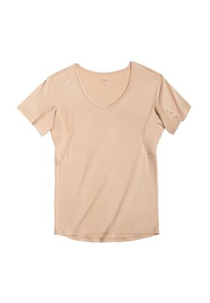 Light beige short-sleeve t-shirt with a V-neck, made of soft fabric. Features smooth texture and a relaxed fit with a curved hemline.