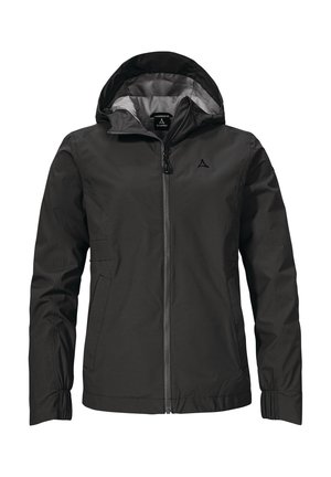 Schwarze, wasserdichte Jacke mit Kapuze, Frontreißverschluss, elastischen Bündchen und zwei Seitentaschen. Glatte Textur und minimalistisches Design mit Logodetail.