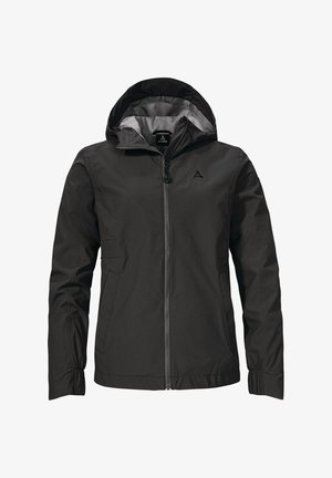 Schwarze, wasserdichte Jacke mit Kapuze, Frontreißverschluss, elastischen Bündchen und zwei Seitentaschen. Glatte Textur und minimalistisches Design mit Logodetail.