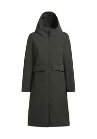 Cappotto lungo di un verde scuro, con cappuccio, dotato di una chiusura lampo frontale, due tasche con patta e un design minimalista. Realizzato in un tessuto liscio e resistente.