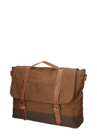 Borsa in canvas marrone con dettagli in pelle, forma rettangolare, chiusura a patta, fibbie in metallo e una sezione inferiore di un marrone scuro.