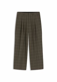 Brown plaid trousers with a wide-leg design, featuring front pleats and a smooth waistband. Made from a textured fabric.