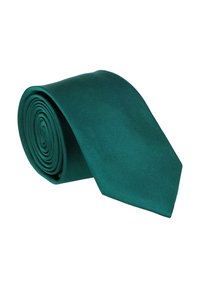 Teal silk tie, rolled into a spiral. Features a smooth texture and a pointed tip. Simple, solid color without patterns or accents.