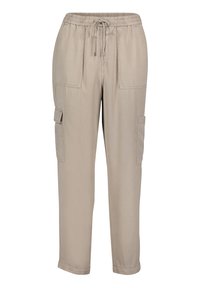 Béžové cargo kalhoty s elastickým pasem, stažením na šňůrku, dvěma předními kapsami a dvěma bočními cargo kapsami. Měkká tkanina, rovný střih nohavic.