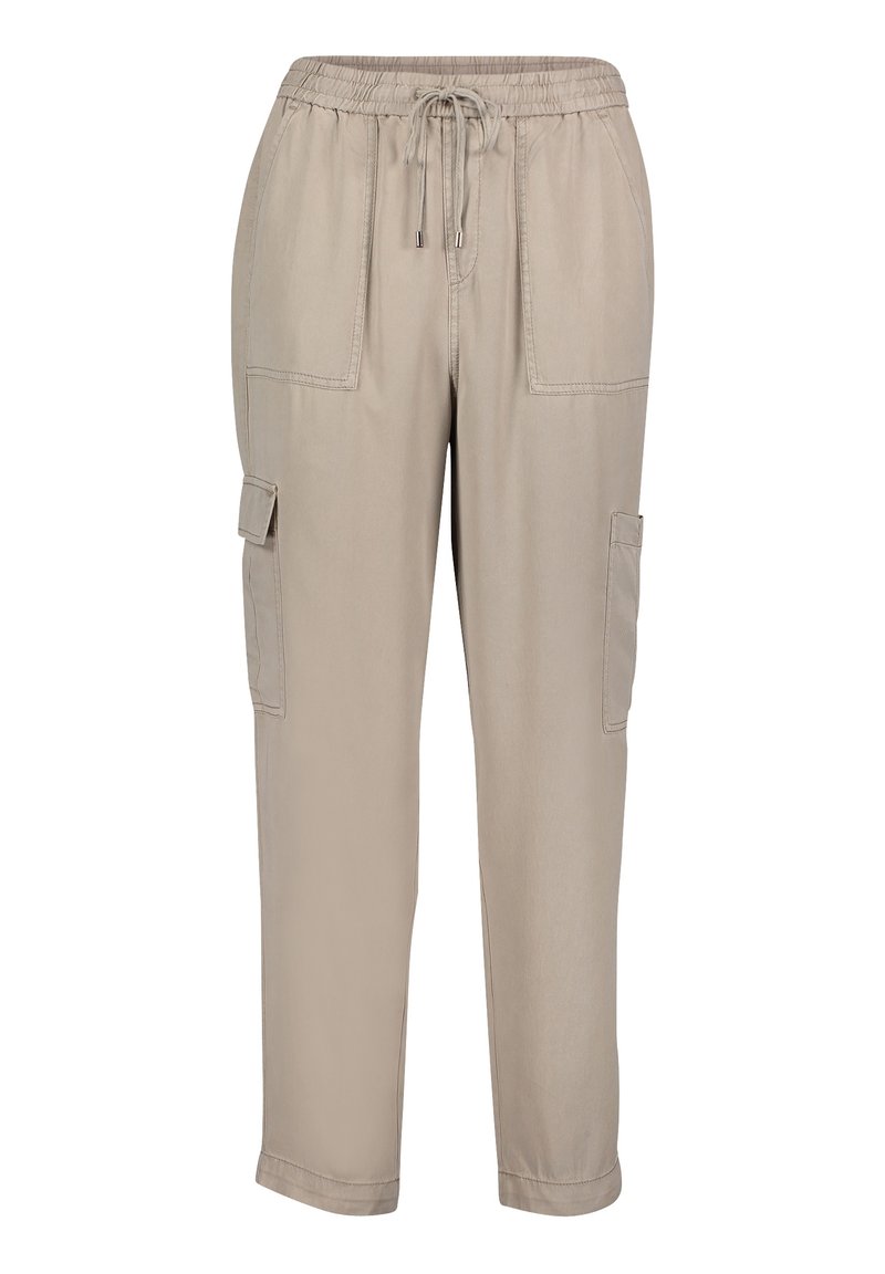 Béžové cargo kalhoty s elastickým pasem, stažením na šňůrku, dvěma předními kapsami a dvěma bočními cargo kapsami. Měkká tkanina, rovný střih nohavic.
