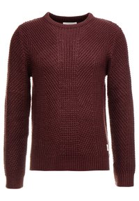 Pullover a collo rotondo lavorato a maglia color borgogna scuro con motivi diagonali e verticali testurizzati e maniche lunghe.