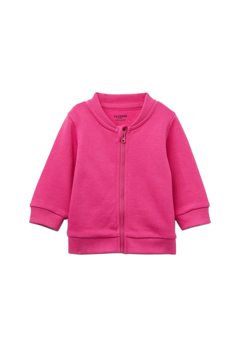 Růžová zipová bunda pro batolata. Vyrobena z měkké látky s žebrovanými manžetami a límcem. Má přední zip a minimalistický design.
