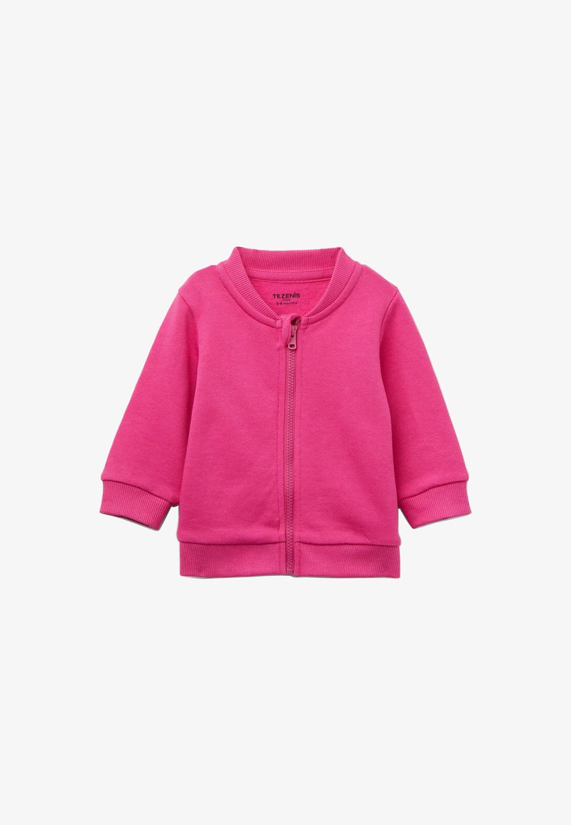 Rosa Reißverschlussjacke für Kleinkinder. Hergestellt aus weichem Stoff mit gerippten Bündchen und Kragen. Verfügt über einen Frontreißverschluss und ein minimalistisches Design.