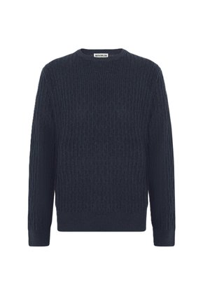 Maglione lavorato a maglia blu navy con un design a trecce testurizzato, colletto rotondo e polsini e orlo a coste. Realizzato in un tessuto morbido e di peso medio.