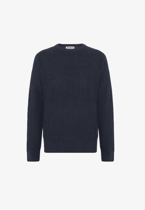 Navy knitted sweater with a textured cable design, round neck, and ribbed cuffs and hem. Made of soft, medium-weight fabric.