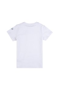 T-shirt bianco in cotone con maniche corte e scollatura rotonda, con un piccolo logo sulla spalla sinistra. Tessuto morbido.