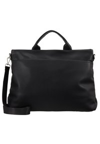 Černá kožená taška s texturovaným povrchem, dvojitými horními uchy a odnímatelným ramenním popruhem. Disponuje minimalistickým designem s plochým profilem.
