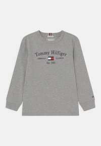 Grey long-sleeve sweatshirt with round neckline, featuring "Tommy Hilfiger American Classics" print in navy, with logo accents on the sleeves.