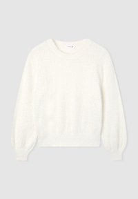 Biały sweter z nakładaną teksturą, okrągłym dekoltem i długimi, lekko bufkowymi rękawami. Posiada ściągacze u mankietów i na dole.