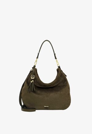 Borsa a mano in camoscio verde oliva scuro con forma curva, ferrature dorate, dettaglio con nappina e manico superiore singolo con tracolla staccabile.