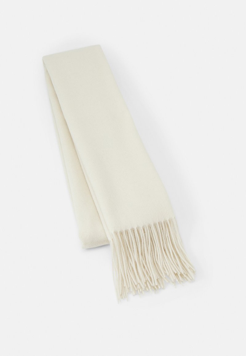 Écharpe en laine blanche, de forme rectangulaire, texture lisse, avec des extrémités frangées pour plus de détail.