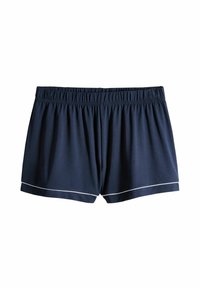 Shorts bleus marine pour hommes en tissu doux, dotés d'une taille élastique et de passepoils blancs le long de l'ourlet. Coupe classique et décontractée.