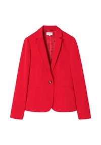 Červený dámský blazer s jedním hnědým knoflíkem, s klopovým límcem, předními kapsami s lištou a vzorovanou podšívkou, vystavený na bílém pozadí.