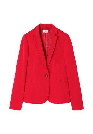 Rode vrouwenblazer met enkele bruine knoop, reverskraag, voorzakken met paspel en een gestreepte voering, vlak gepresenteerd op een witte achtergrond.