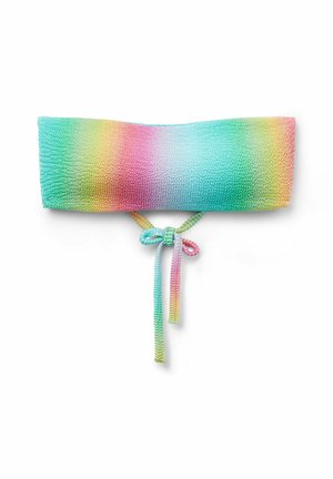 Pletený bandeau top v gradientních pastelových barvách; má vázací detail ve středu. Hladká textura, měkký materiál a bezšvový design.