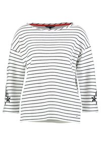 Wit langarm shirt met zwarte horizontale strepen. Heeft bloemembroidery op de mouwen en een rode halslijn accent. Zachte stof.