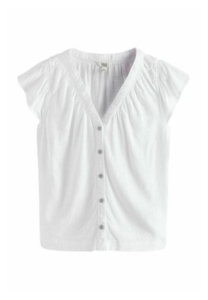Blouse blanche à manches courtes avec encolure en V, détails froncés aux épaules et cinq boutons devant, posée à plat sur un fond blanc.