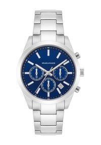 Montre chronographe en acier inoxydable argenté avec un cadran bleu, trois sous-cadrans, des index horaires argentés et une fenêtre de date à 4 heures.