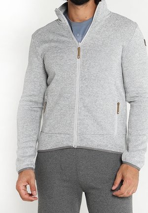 Mann trägt hellgraue Zip-Jacke mit hohem Kragen und seitlichen Reißverschlusstaschen, kombiniert mit dunkelgrauen Hosen.
