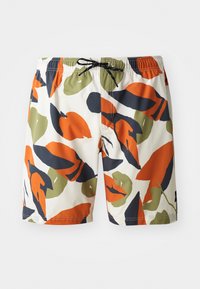 Badehose aus leichtem Material mit weißem Grund, versehen mit einem auffälligen Blattmuster in Orange, Grün und Marineblau. Elastischer Bund mit Kordelzug.