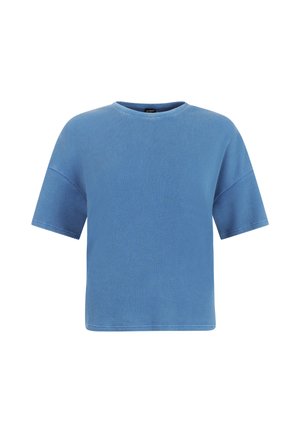 Blauw kortärmelig ribgebreide T-shirt met een ronde halslijn en licht verlaagde schouders, weergegeven tegen een witte achtergrond.