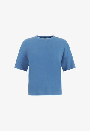 T-shirt bleu à manches courtes en maille côtelée, avec un col rond et des épaules légèrement tombantes, présenté sur un fond blanc.