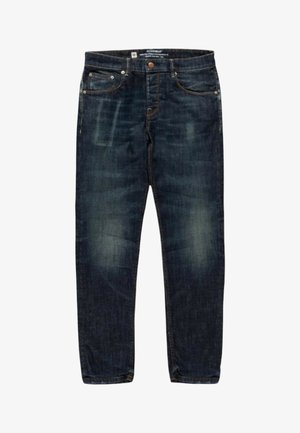 Jeans in denim blu scuro con leggero scolorimento, design a cinque tasche, chiusura con bottone e vestibilità a gamba dritta.