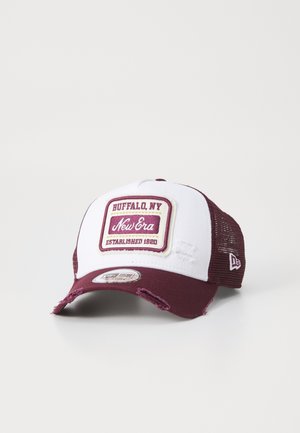 Maroon and white cap with a distressed brim, featuring a patch reading "Buffalo, NY, New Era Established 1920" and mesh side panels.