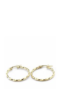 Gold twisted hoop earrings with a shiny finish, featuring a secure clasp and a circular shape. Designed with a textured surface for added detail.