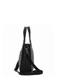 Sac à main en cuir noir et tissu gris à motifs, avec deux poignées, un anneau en métal argenté, et une bandoulière. Design compact et structuré.