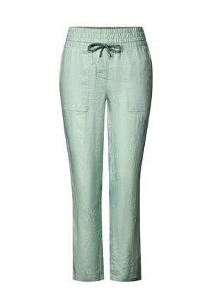 Hellgrüne, lässige Hose aus einem Leinen-Mix mit elastischem Bund und Kordelzug sowie zwei aufgesetzten Taschen vorne.