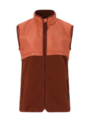 Sömløs vest med en blød fleece-nederdel i mørkebrun, med en kontrastfarvet brændt orange nylon øverdel, glat lynlås og høj krave.