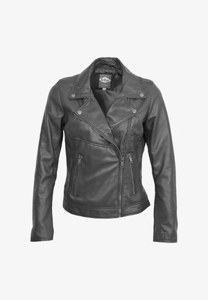 Zwarte leren motorjack met een strakke pasvorm, asymmetrische rits, drukknoopsluiting en twee ritszakken aan de voorkant. Gladde textuur.