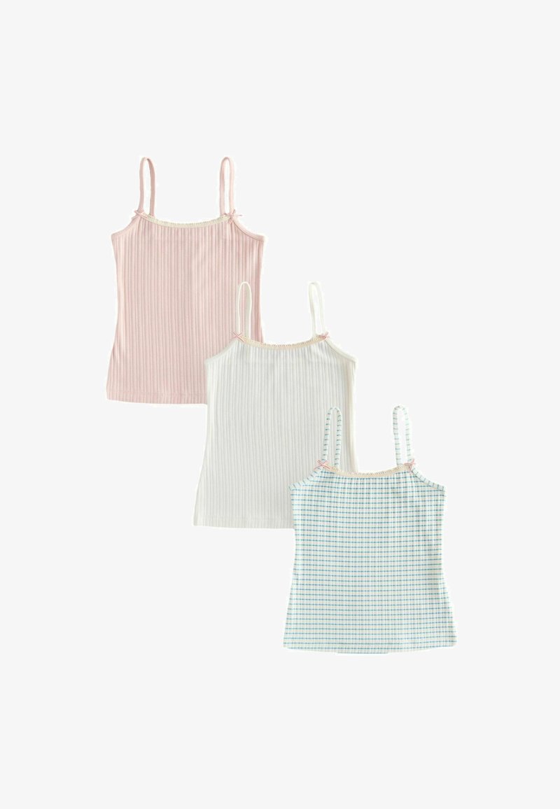 Drei Tanktops: pinke und weiße gerippte Stoffe, blau kariertes Muster; alle mit verstellbaren Trägern und Spitzenbesatz am Ausschnitt.