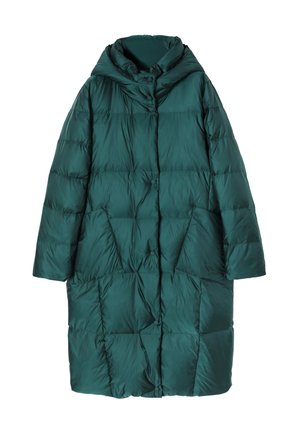 Green padded coat with a high collar, featuring a button closure and two front pockets. Textured surface with stitched puffs for insulation.